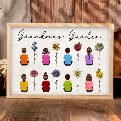 Grandkids Sitting Back View Grandma Garden Beautiful Vintage Birth Month Flowers Mother‘s Day Gift Personalized Horizontal Poster