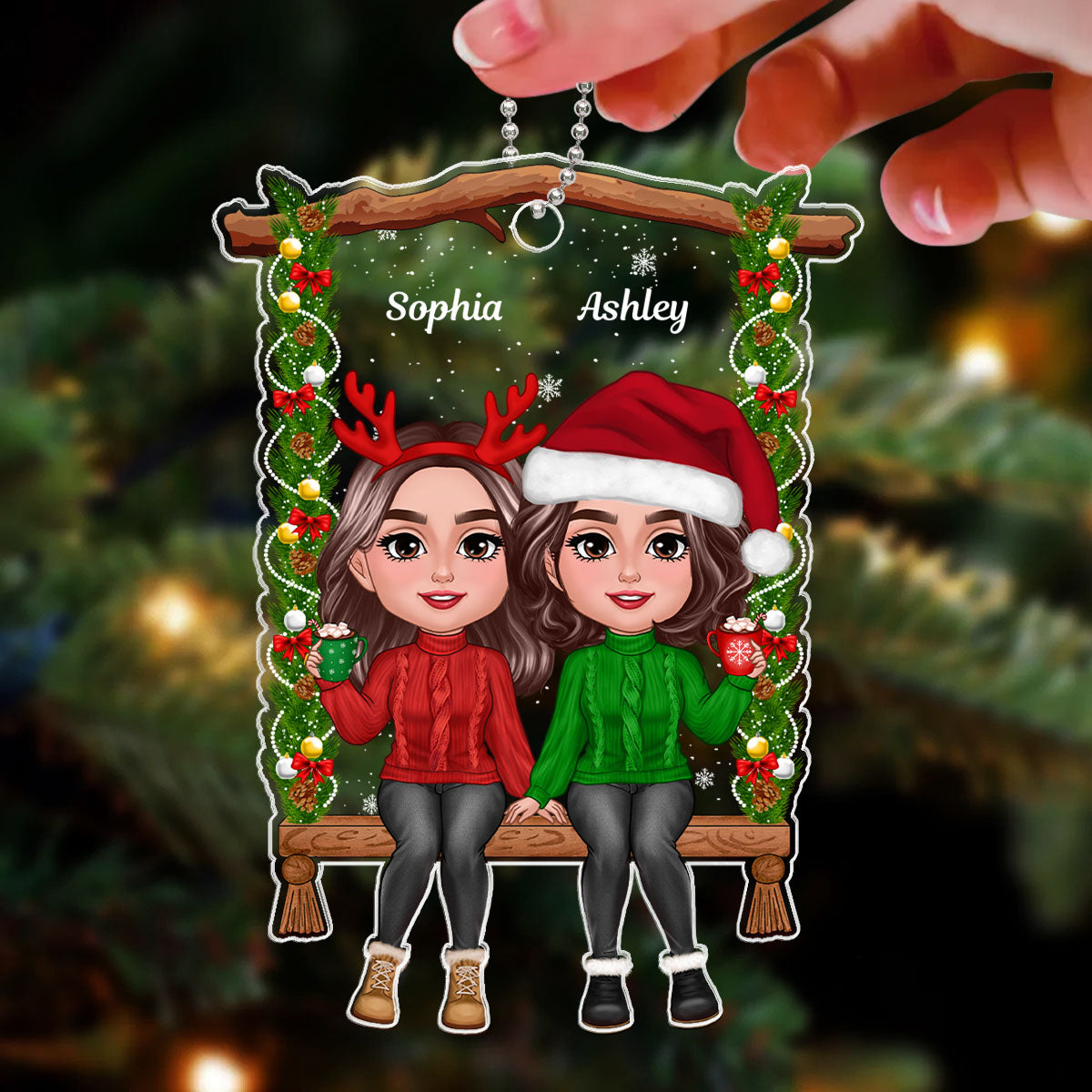 Besties Sisters Sitting On Christmas Swing Personalized Acrylic Ornament