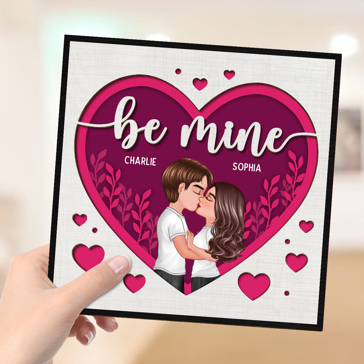 Pink Heart Couple Kissing Valentine‘s Day Gift For Him For Her Personalized 2-Layer Wooden Plaque