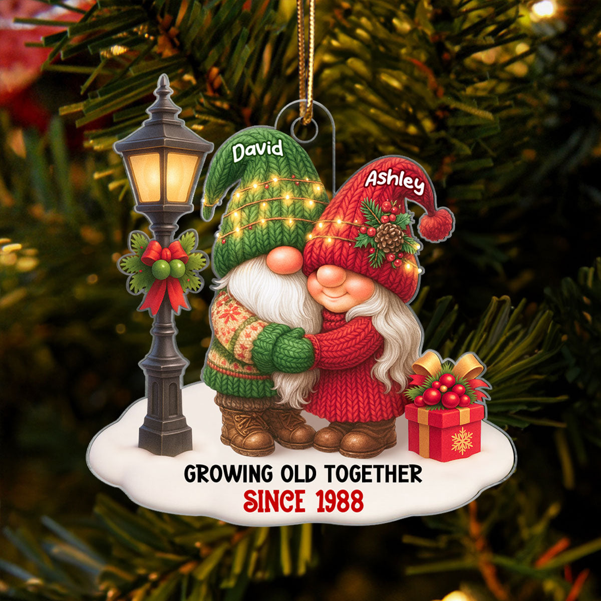 Gnome Christmas Couple Growing Old Together Personalized Acrylic Ornament, Gift for him, for her