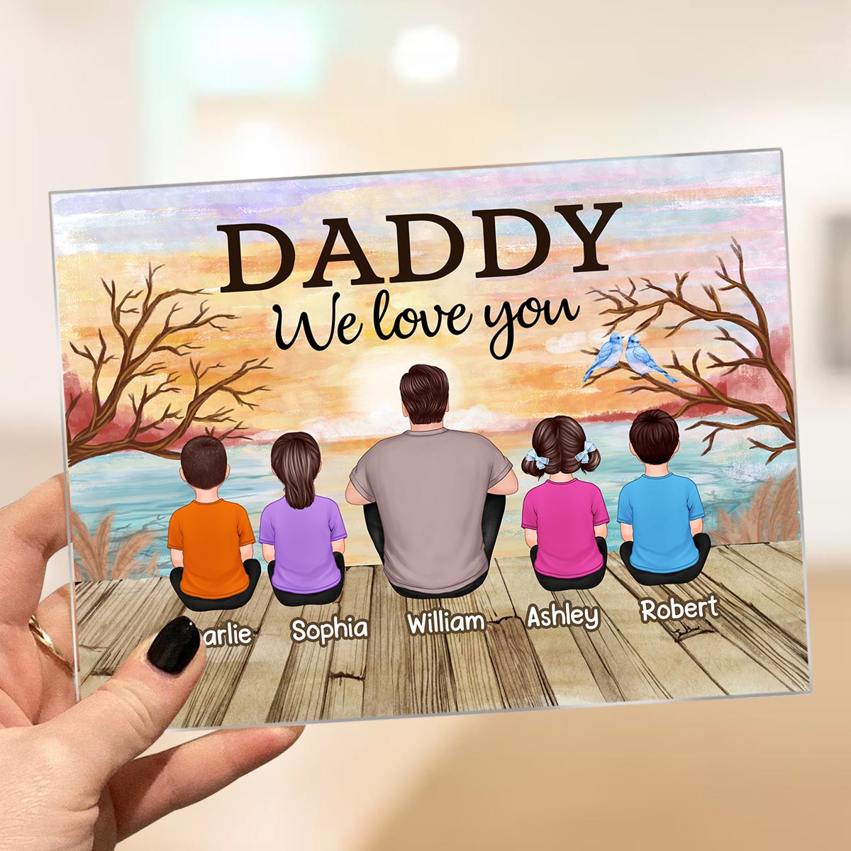 Lake View Dad Grandpa We Love You Back View Dad And Kids Dogs Cats Sitting Personalized Acrylic Plaque