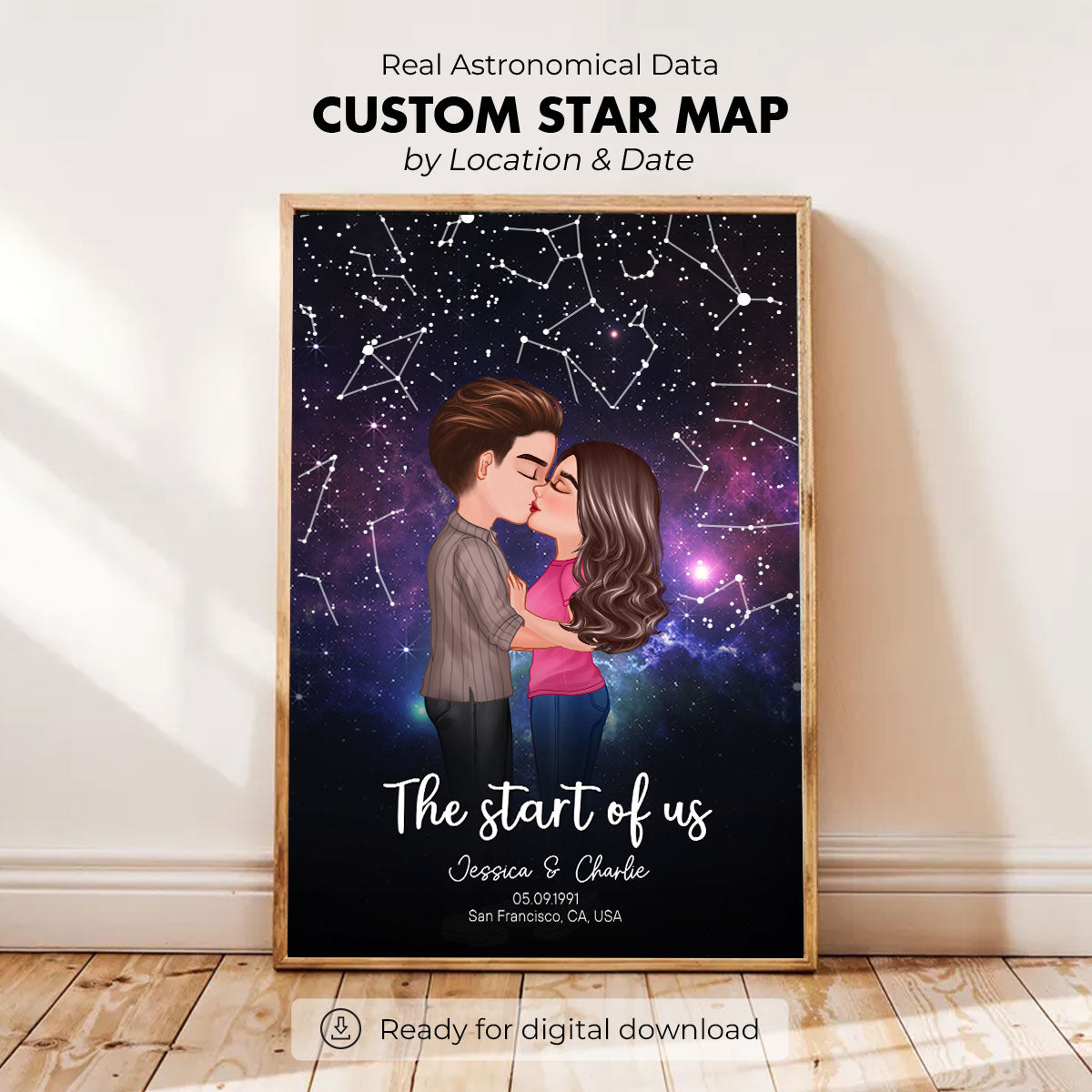 Couple Kissing Under the Stars Personalized Poster, Custom Star Map by Date, Couple Constellation Map, Gift for him and her