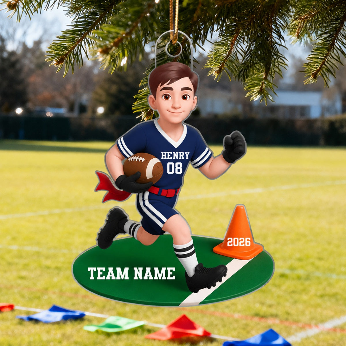 3D Effect Boy Girl Flag Football - Personalized Acrylic Ornament - Christmas Gift for Daughter Son
