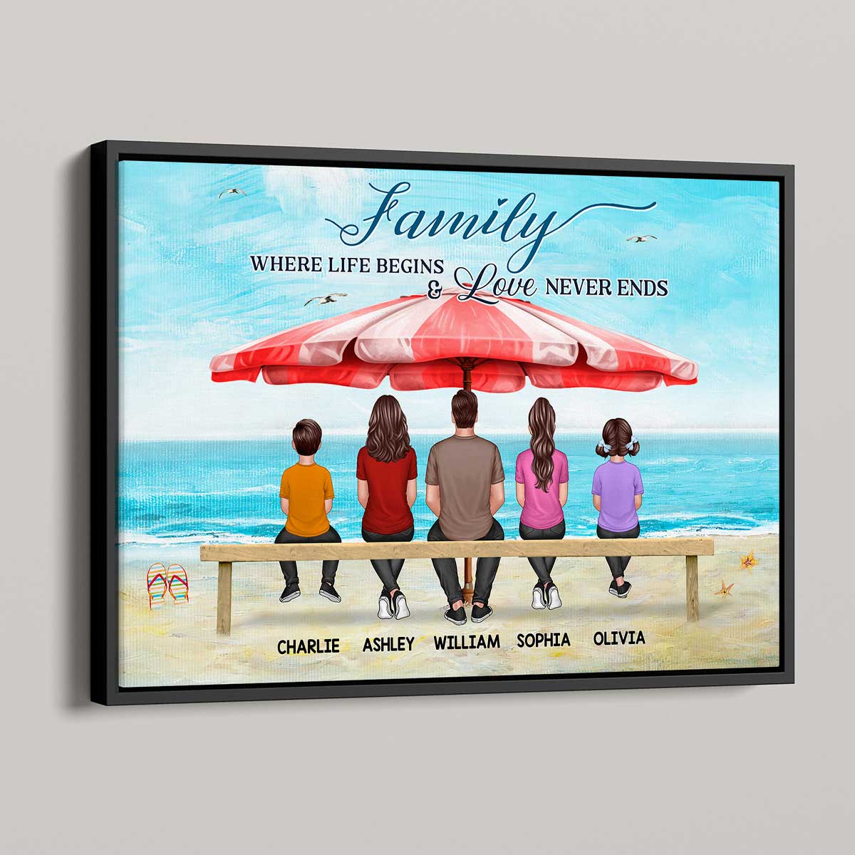 Family Back View Sitting On Bench At Beach Personalized Horizontal Poster