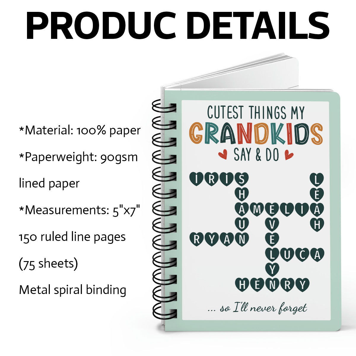 Cutest Things My Grandkids Say & Do Crossword Puzzle Personalized Spiral Notebook Journal, Memory Book