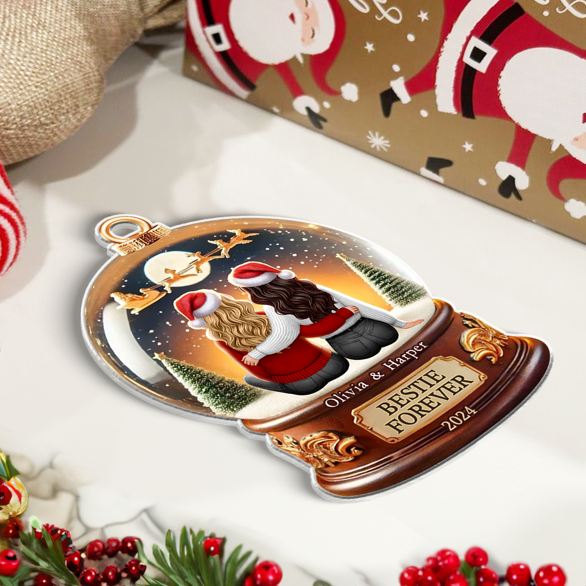 Besties Forever 3D Realistic Snow Globe Personalized Acrylic Ornament, Christmas Gift For Besties