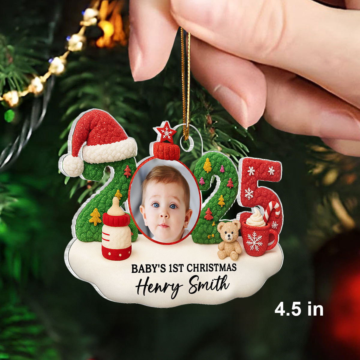 Baby Photo 2025 First Christmas Latch Hook Yarn Faux - Personalized Acrylic Ornament - Christmas Gift for New Parent, Newborn Keepsake