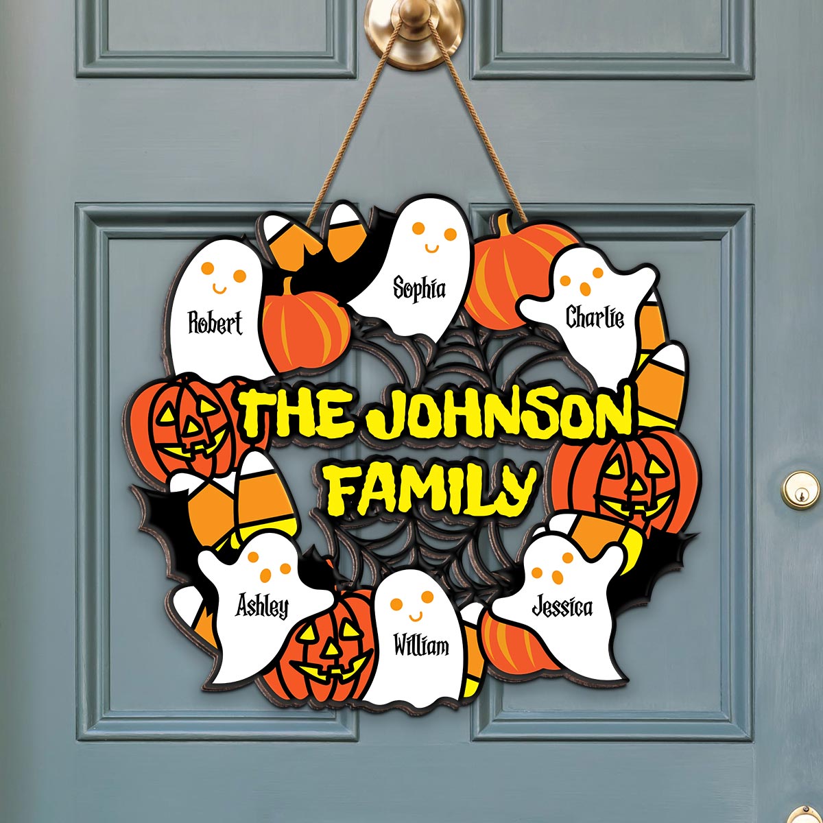 Halloween Family Wreath Shaped Personalized Wood Sign