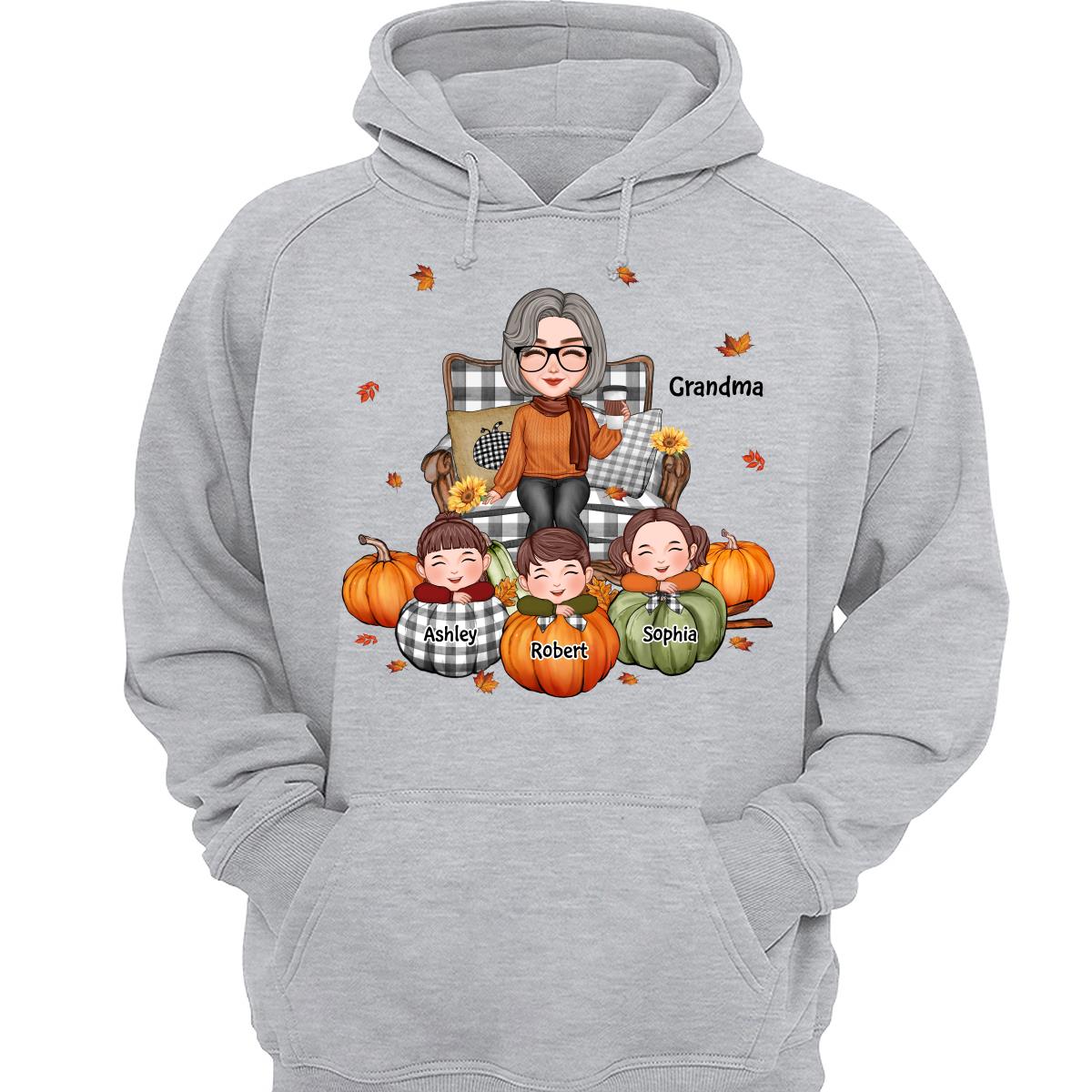 Cute Grandma Grandkids On Chair Kids On Pumpkins Personalized Shirt