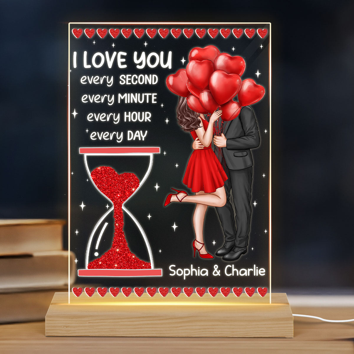 Elegant Couple I Love You Every Day Hourglass Personalized Custom Shape Acrylic Plaque Warm LED Night Light