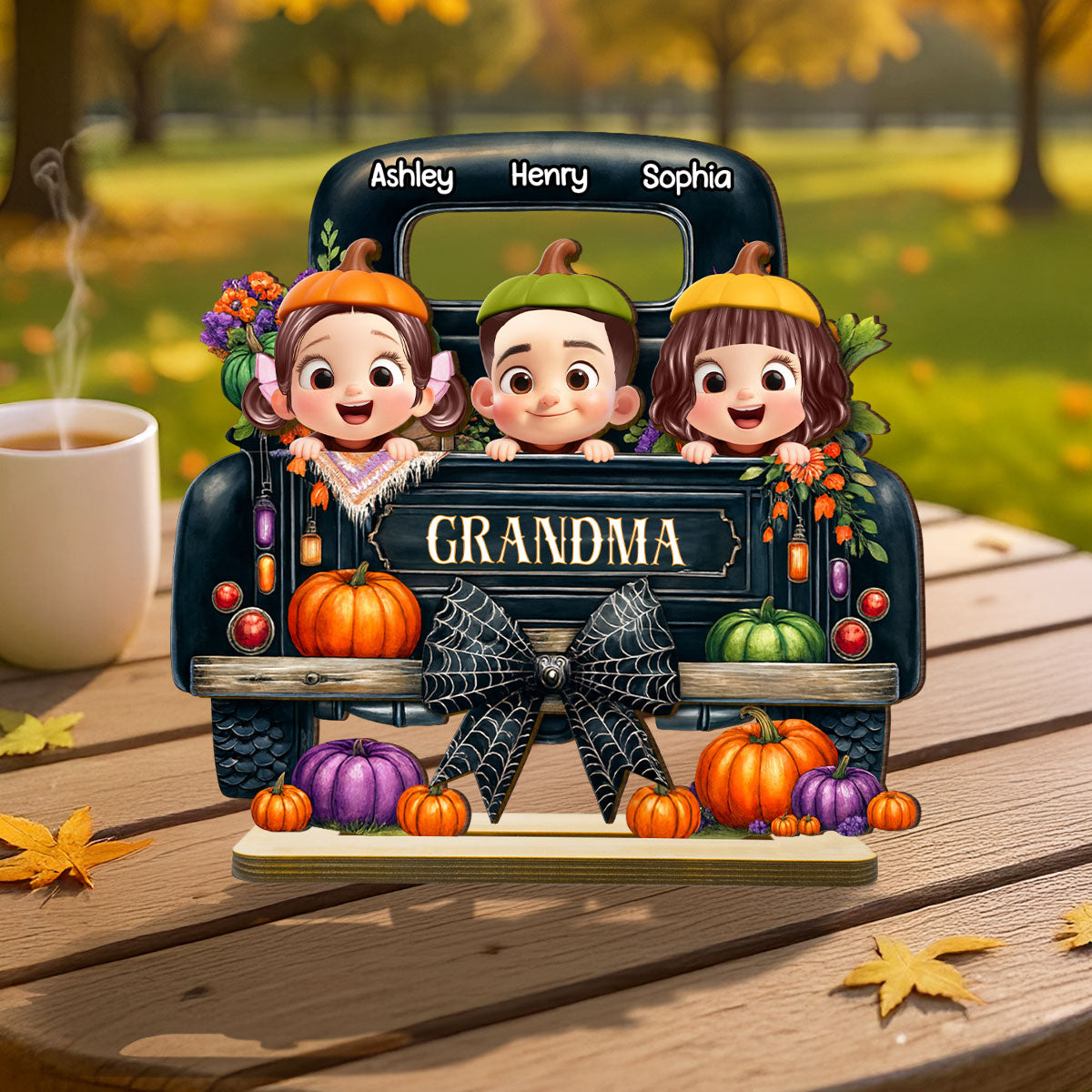 Grandkids Peeking on Halloween Truck Personalized Standing Wooden Plaque, Fall Halloween Decor for Grandma