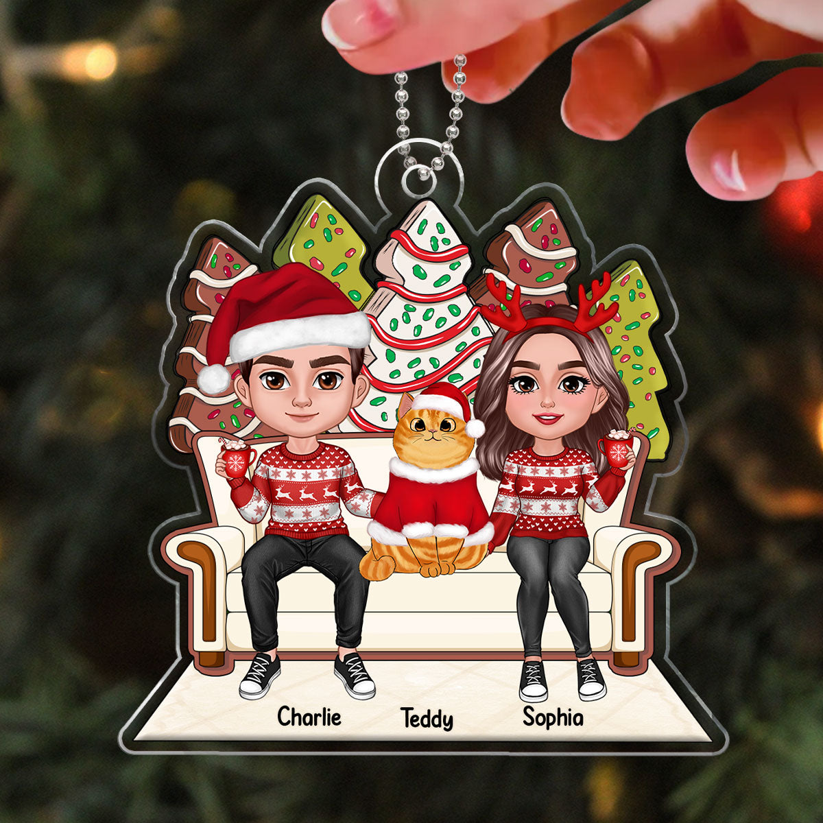 Christmas Gingerbread Tree Cake Patterned Couple & Cats On Sofa Personalized Acrylic Ornament