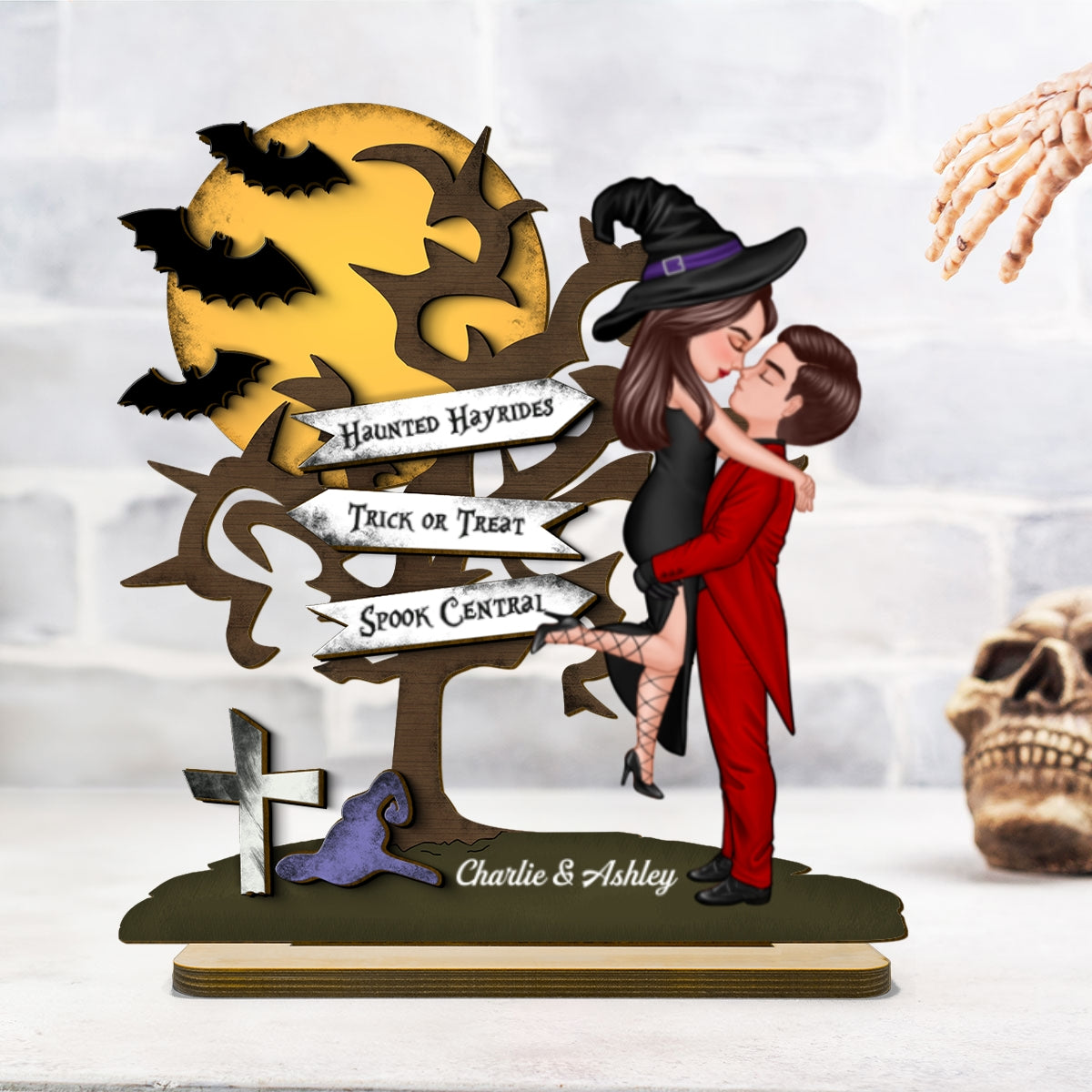 Halloween Couple Kissing Sign Personalized 2-Layer Standing Wooden Plaque