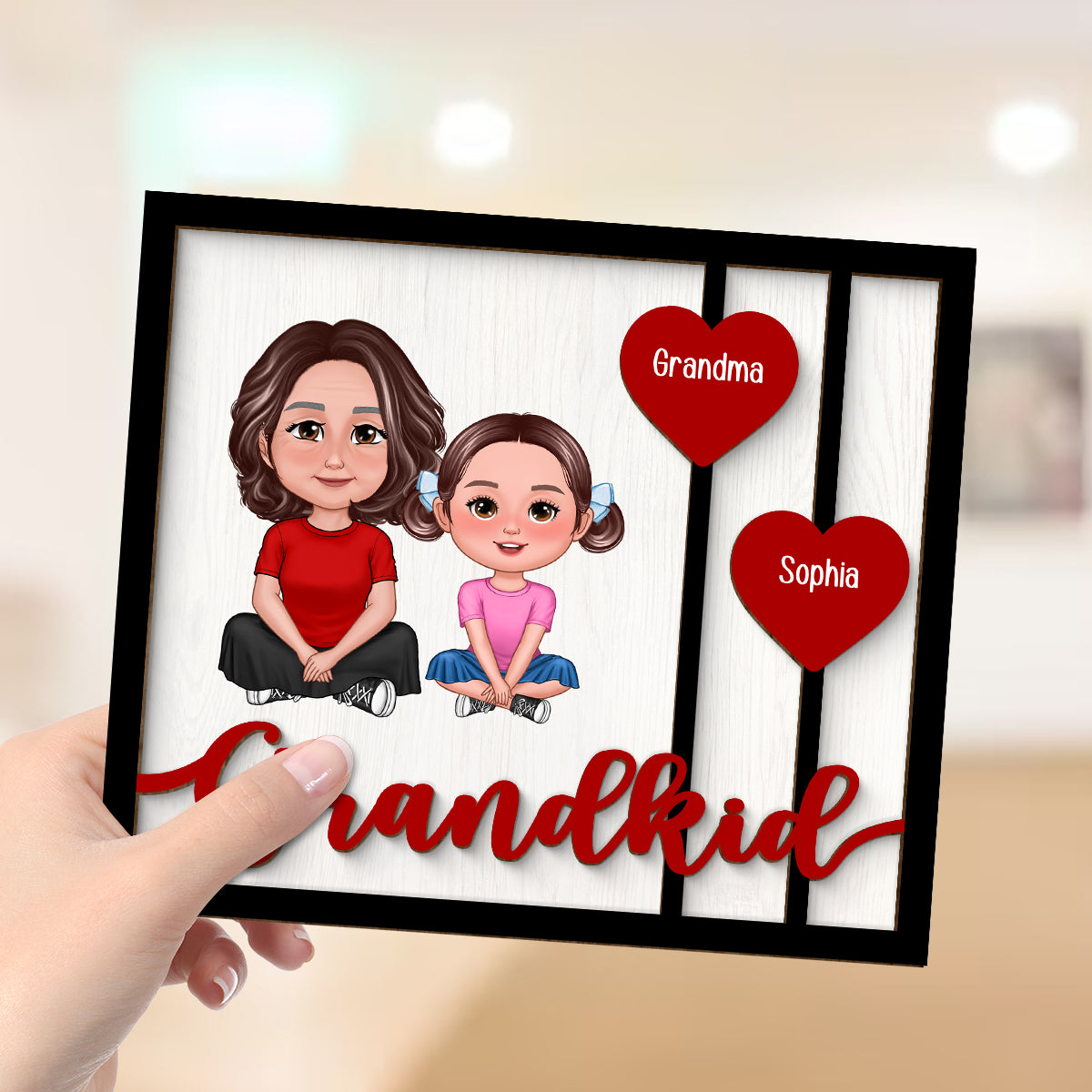 Grandma Grandkids Crossed Legs Red Hearts Personalized 2-layer Wooden Plaque