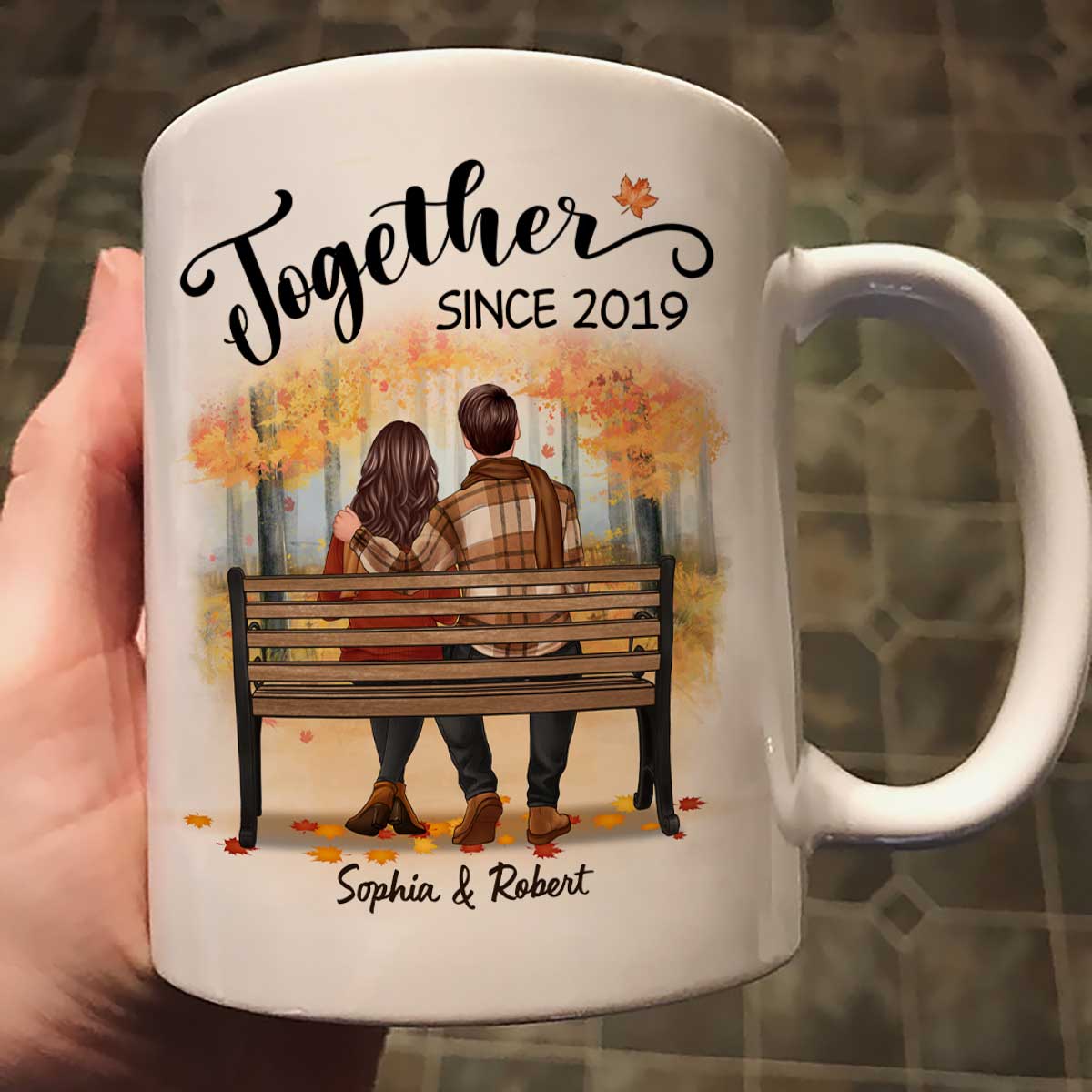Fall Season Couple Sitting Back View Forest Personalized Mug