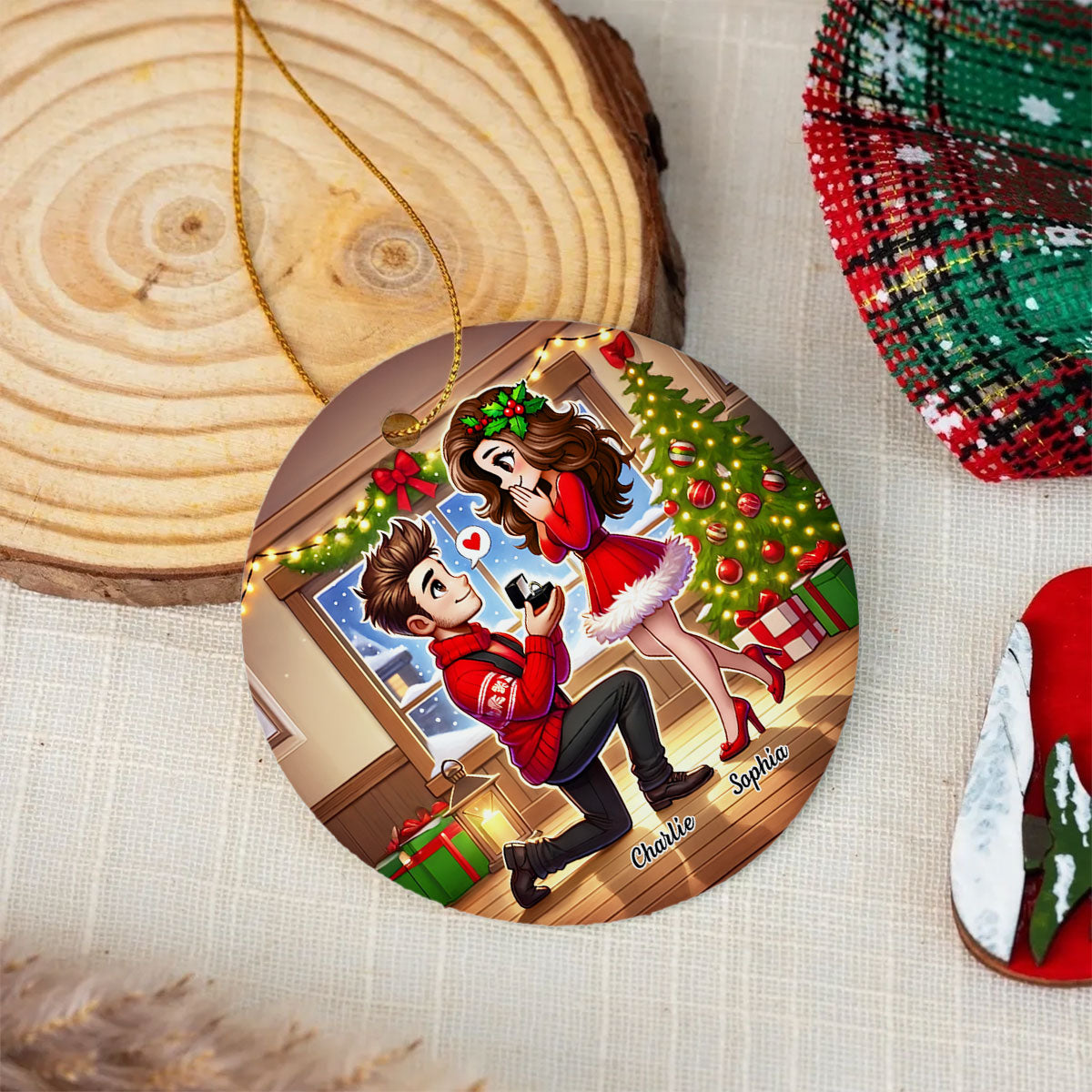 Cartoon Couple Marriage Proposal Personalized Christmas Ceramic Ornament, Custom Just Engaged Gifts for Couples