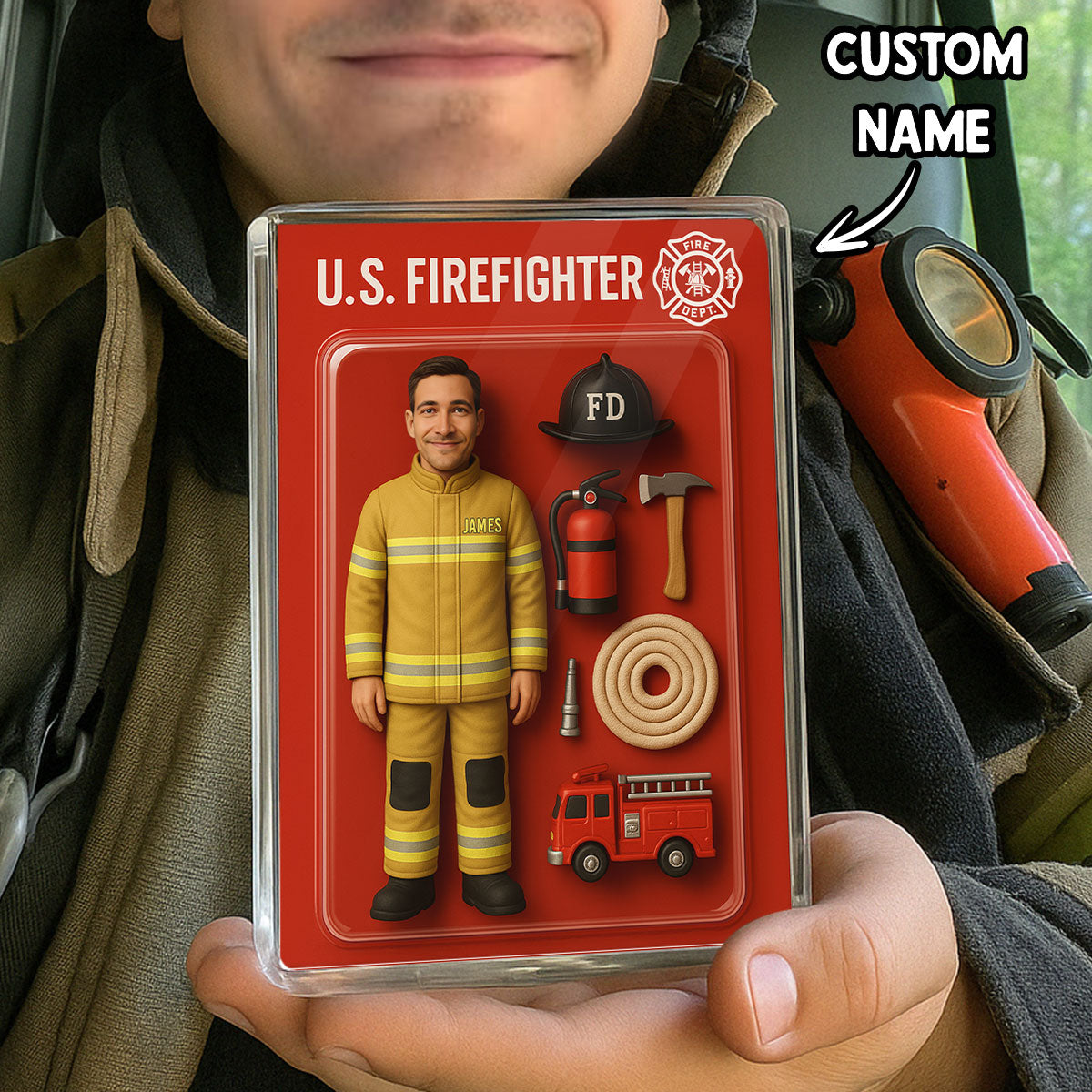 3D Effect Back View Firefighter Custom Figure Personalized Flat Rectangle Acrylic Block