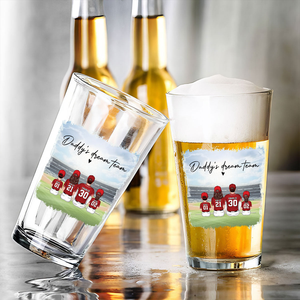 Daddy's Team Baseball Family Sitting Personalized Beer Glass, Unique Birthday Gift For Dad, Father's Day Gift