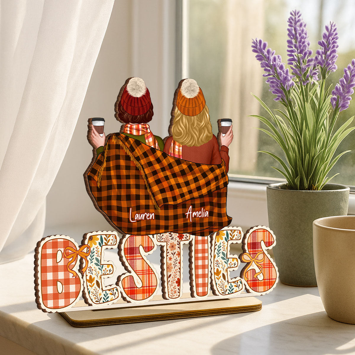 Cozy Besties Sisters In Blanket Sitting On Text Personalized Standing Wooden Plaque, Fall Season Decor