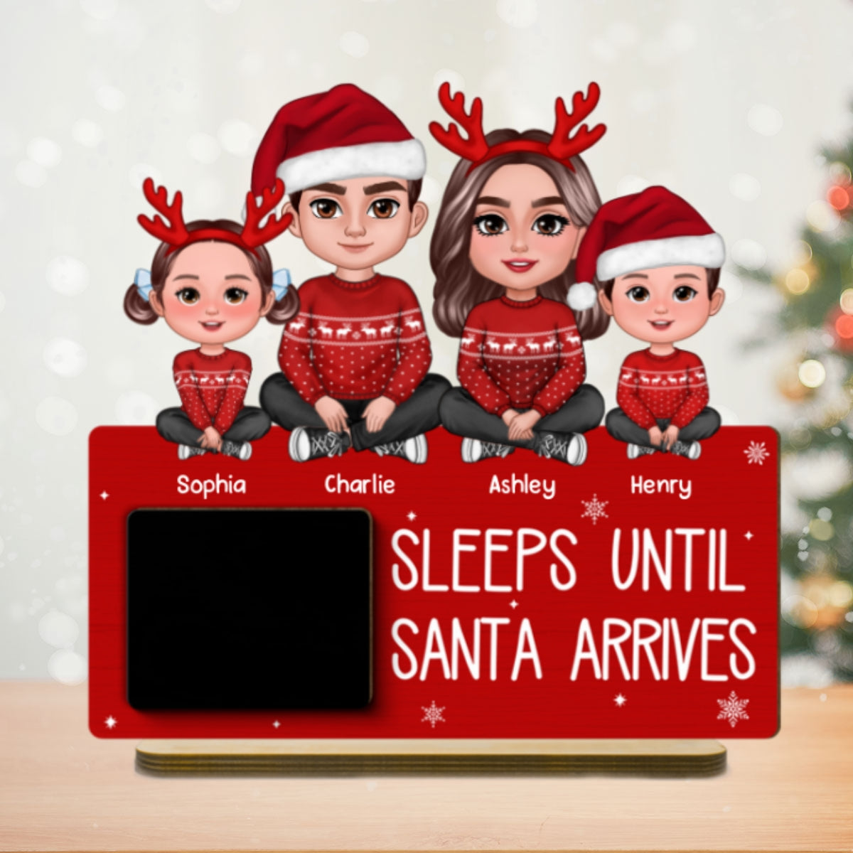 Sleeps Until Santa Arrives Family Christmas Decor Personalized 2-Layer Standing Wooden Plaque