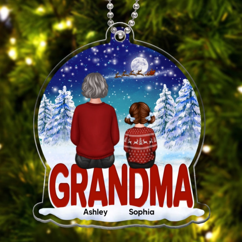 Grandma Grandkids Back View Sitting Snowball Christmas Personalized Acrylic Ornament