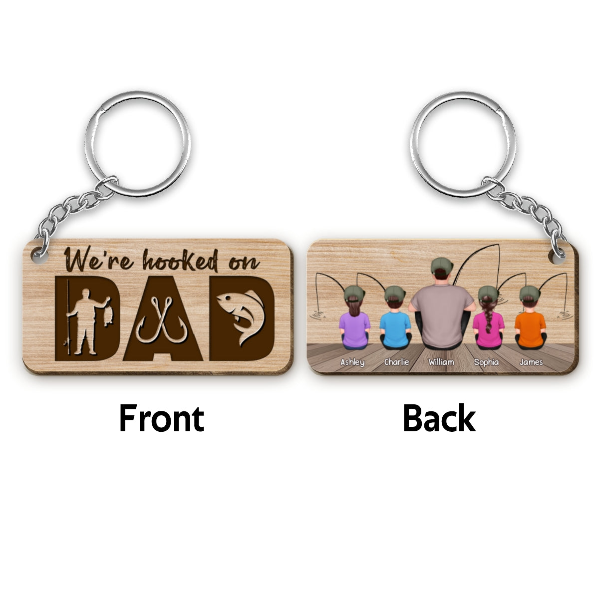 Hooked On Dad Fishing Back View Man Kids Personalized Wooden Keychain