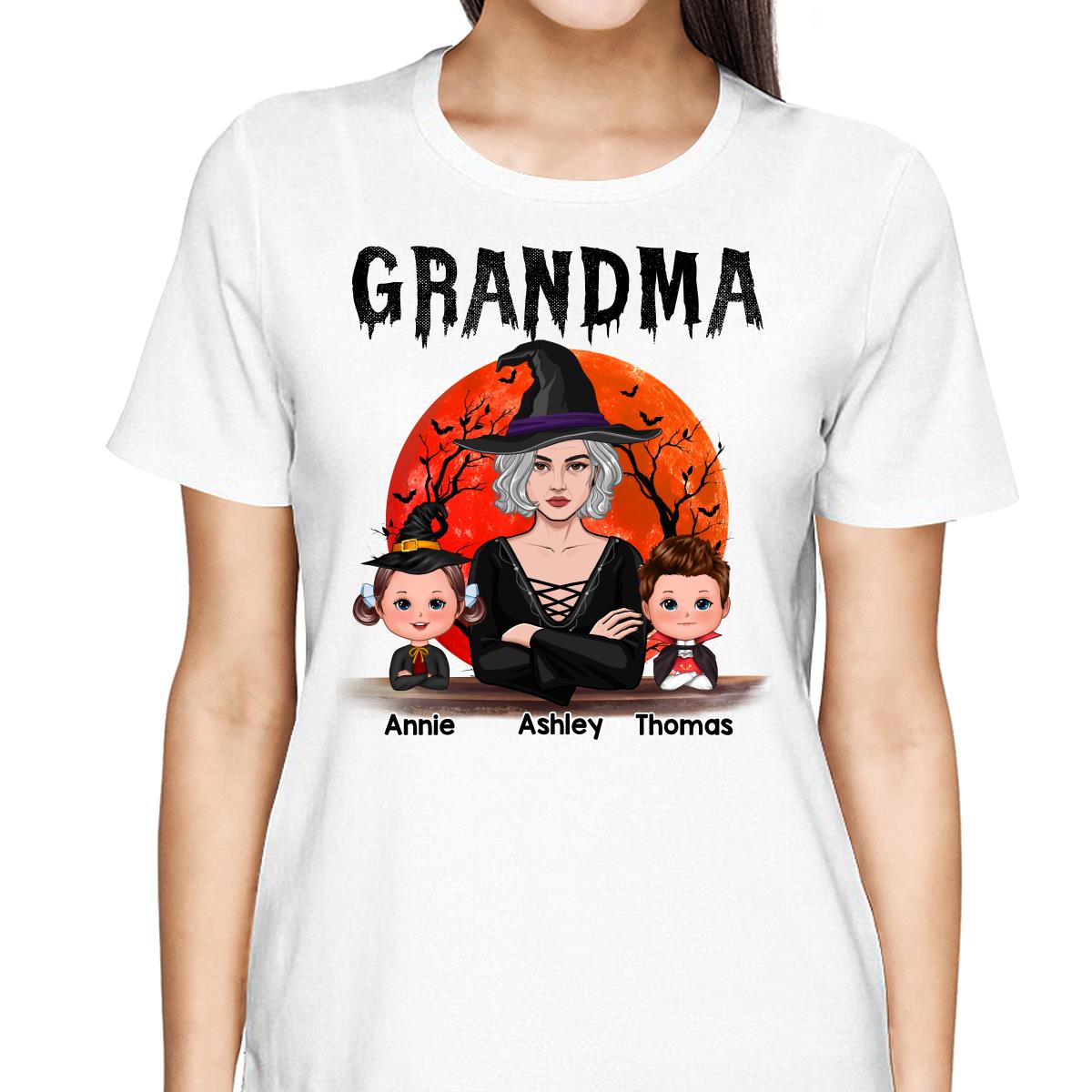 Grandma Mom Witch With GrandKids Halloween Woman Vector Personalized Shirt