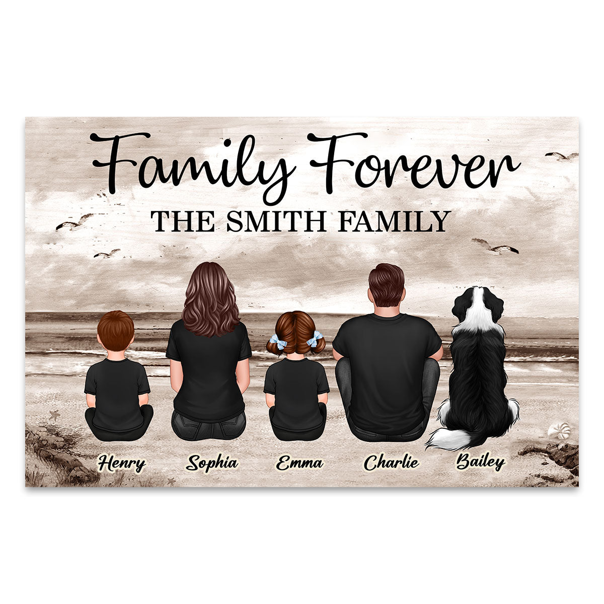 Retro Vintage Family Sitting Beach Landscape Personalized Canvas, Gift For Husband, Wife, Dad, Mom