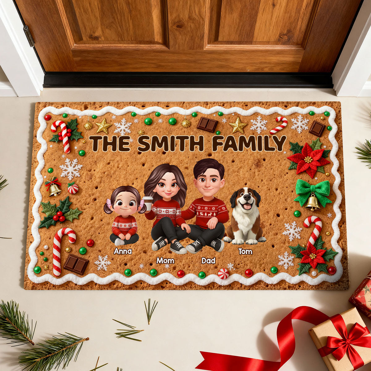 3D Effect Gingerbread Family Together Christmas - Personalized Doormat