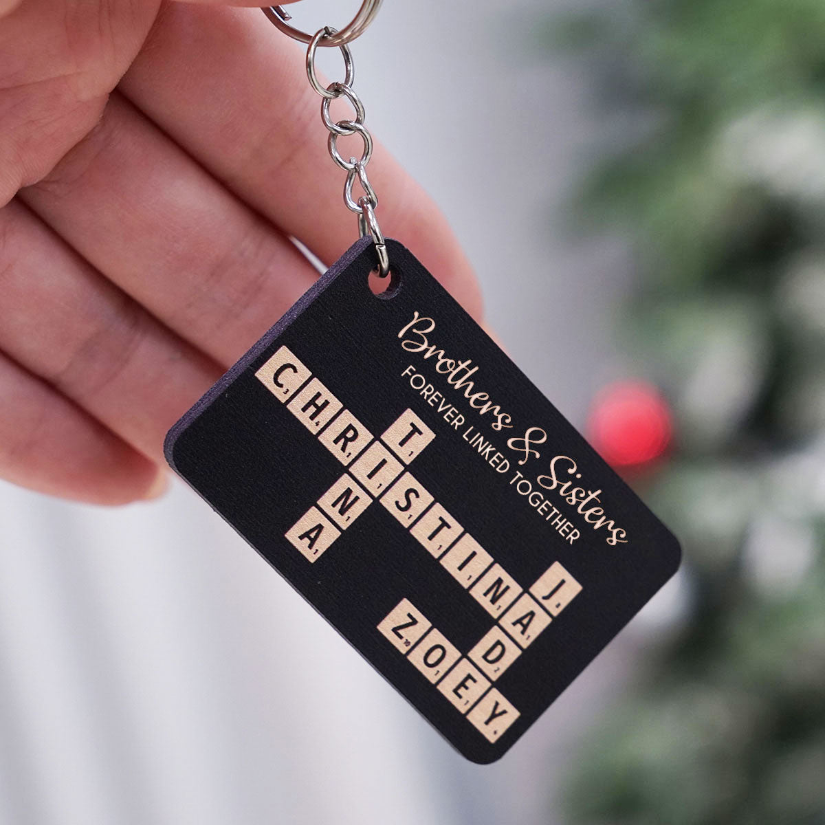 Brothers & Sisters Forever Linked Together Crossword Puzzle Art Personalized Wooden Keychain, Christmas Gift For Brothers, Sisters, Siblings, Family