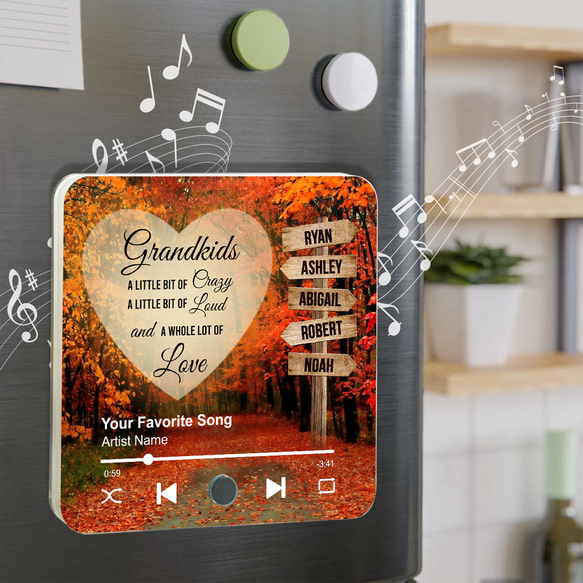Grandkids Names On Street Sign Post Personalized Music Fridge Magnet, Perfect 2025 Gift For Mom For Grandma