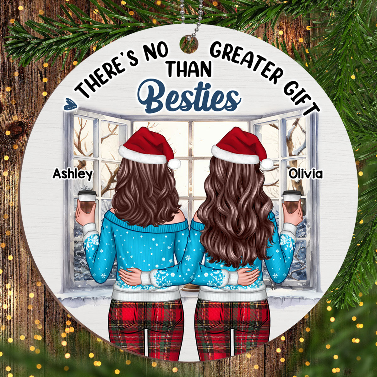 Christmas Besties Sister Standing Back View Window Personalized Wooden Ornament