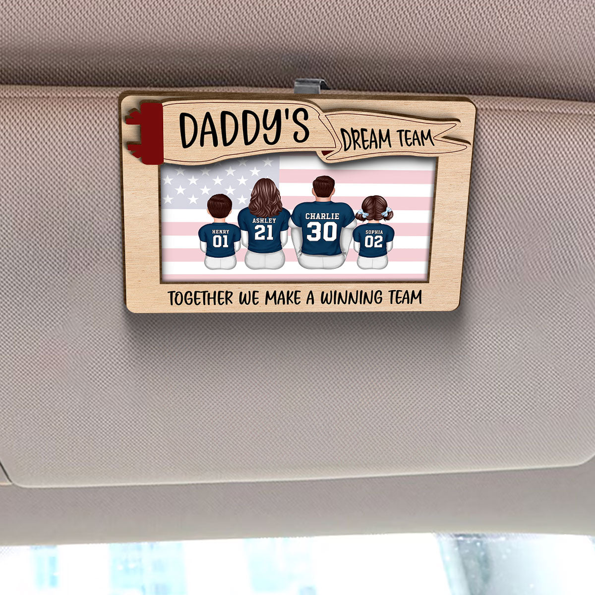 Daddy's Team Football Family Sitting Personalized Car Visor Clip, Gift For Dad, Grandpa, Husband