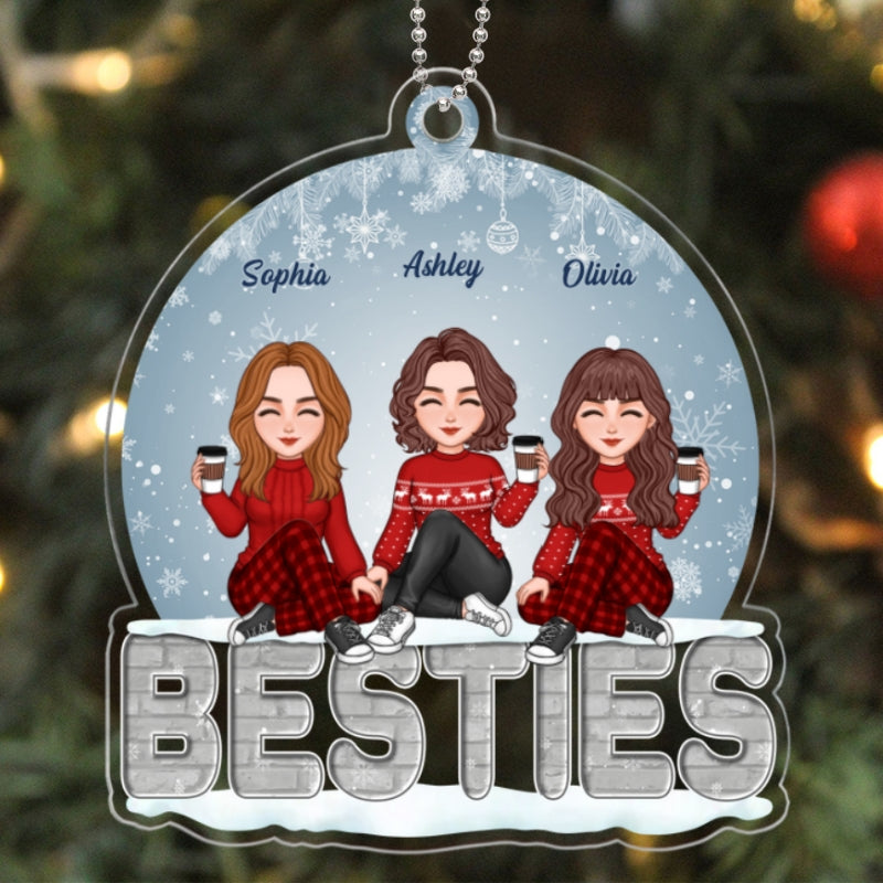 Sisters Besties Sitting On Brick Snow Globe Personalized Acrylic Ornament
