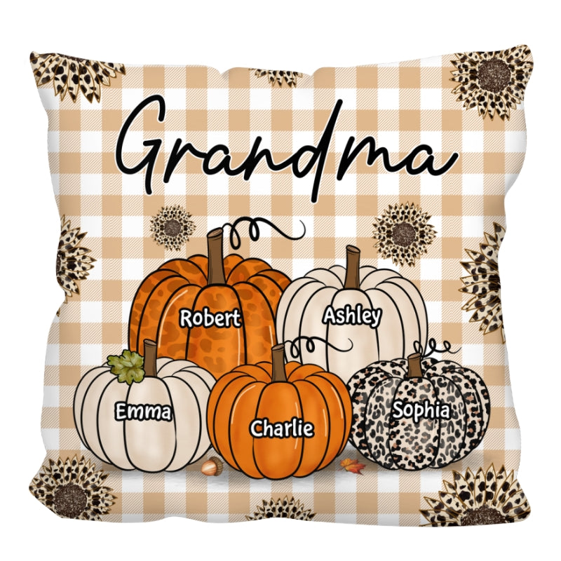 Fall Season Grandma Checkered Pattern Pumpkins Personalized Pillow
