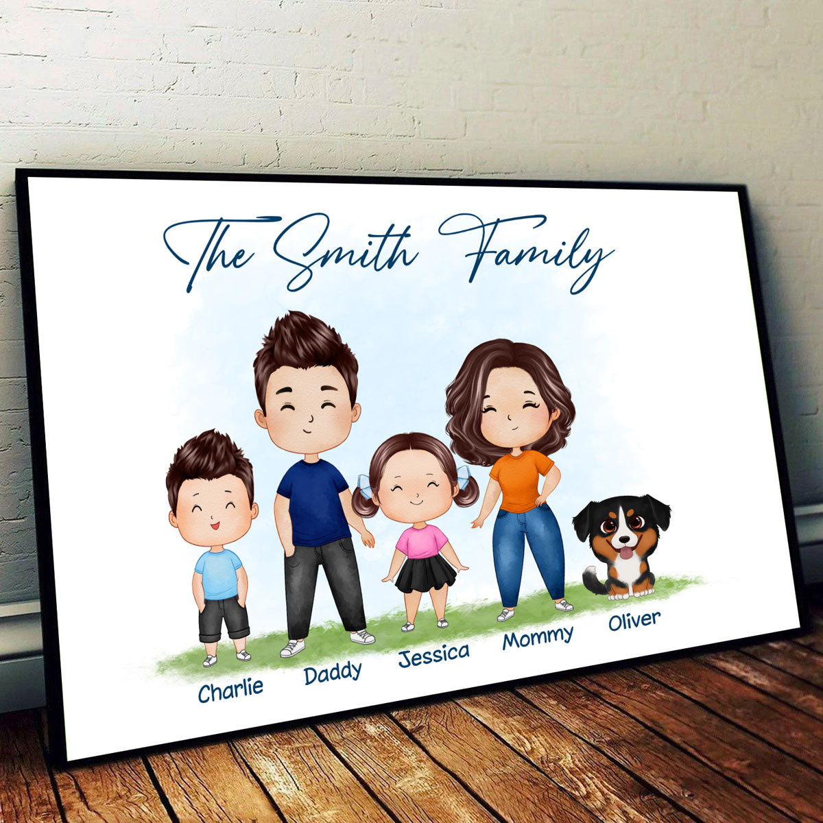 Whole Happy Doll Family Couple Dad Mom Kid Dog Cat Watercolor Style Personalized Horizontal Poster