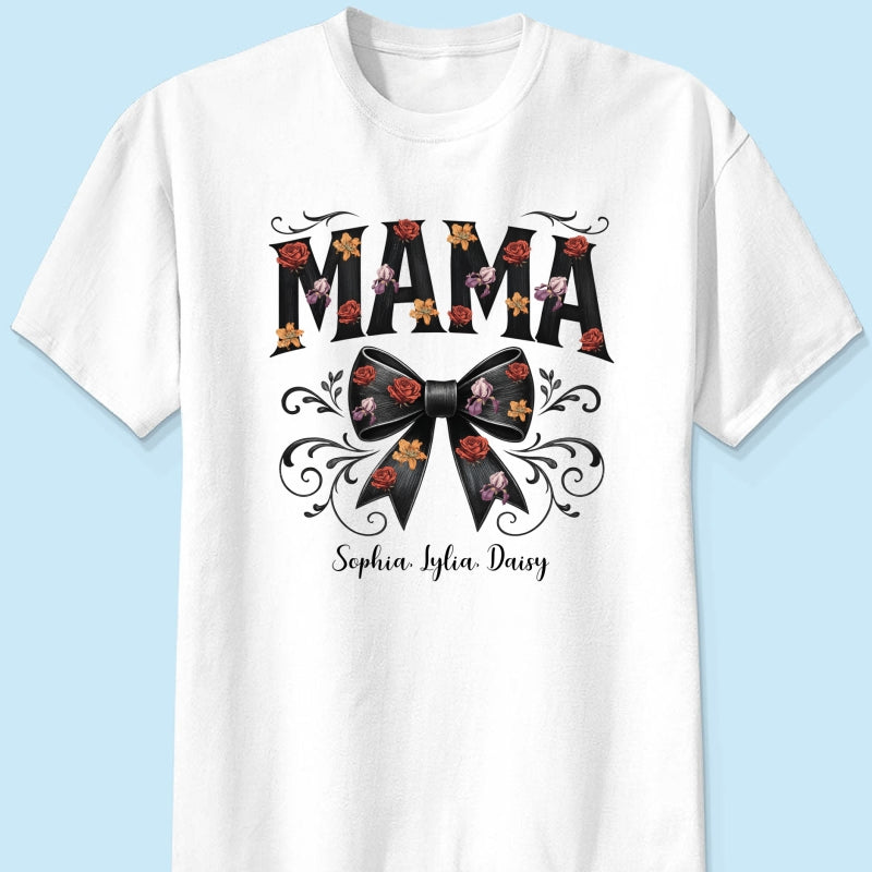 Mama Black Toile Coquette Bow Personalized Shirt, Birth Flower, Trendy Gift for Moms