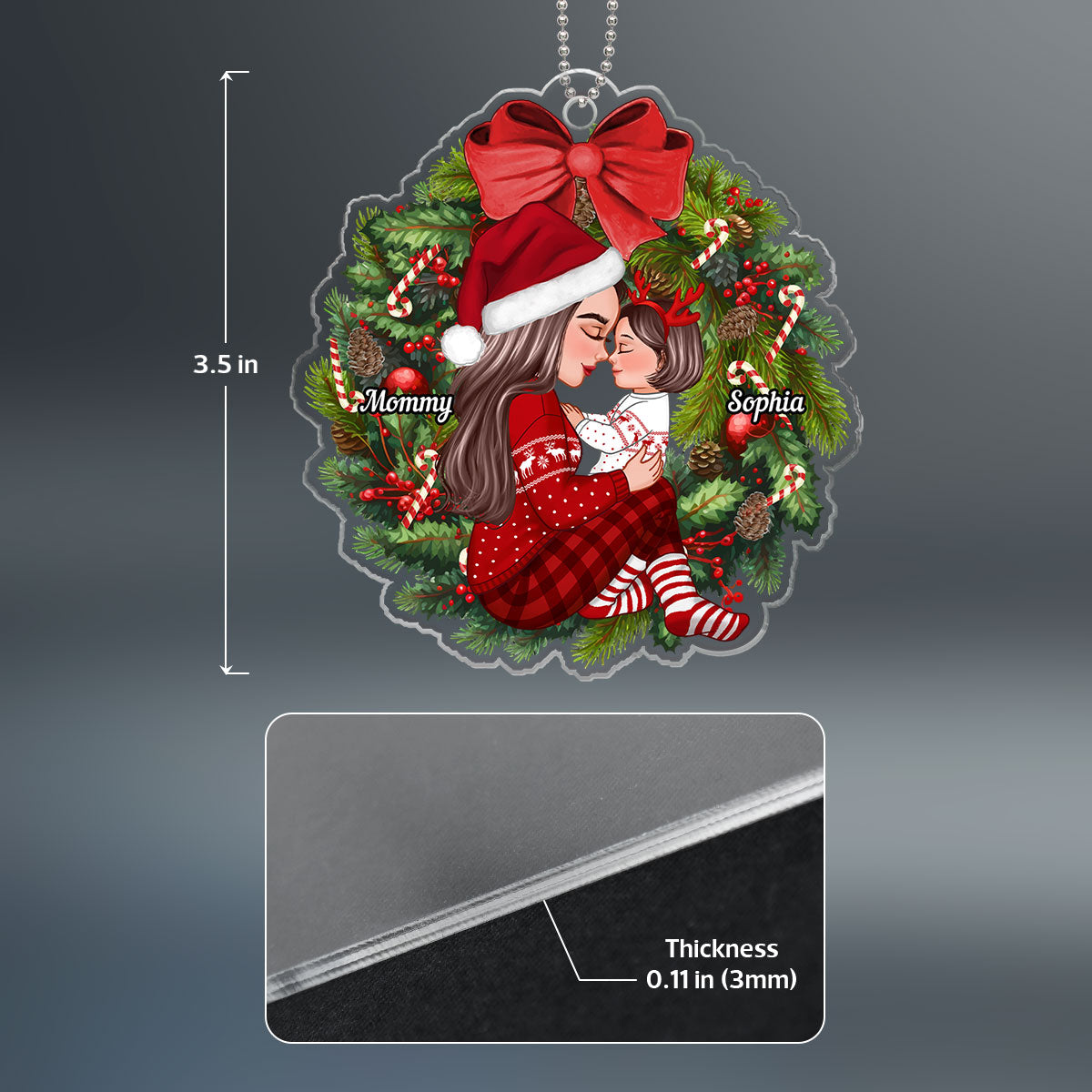Grandma Mom Hugging Kid Sitting On Christmas Wreath Personalized Acrylic Ornament