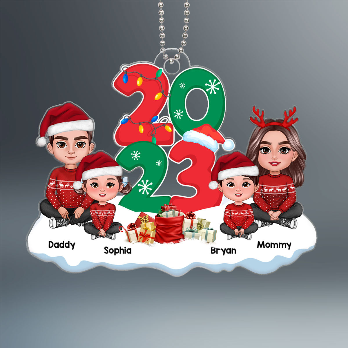 Family Dad Mom Kids Dogs Cats Crossed Legs Sitting By 2024 Christmas Gift Personalized Acrylic Ornament