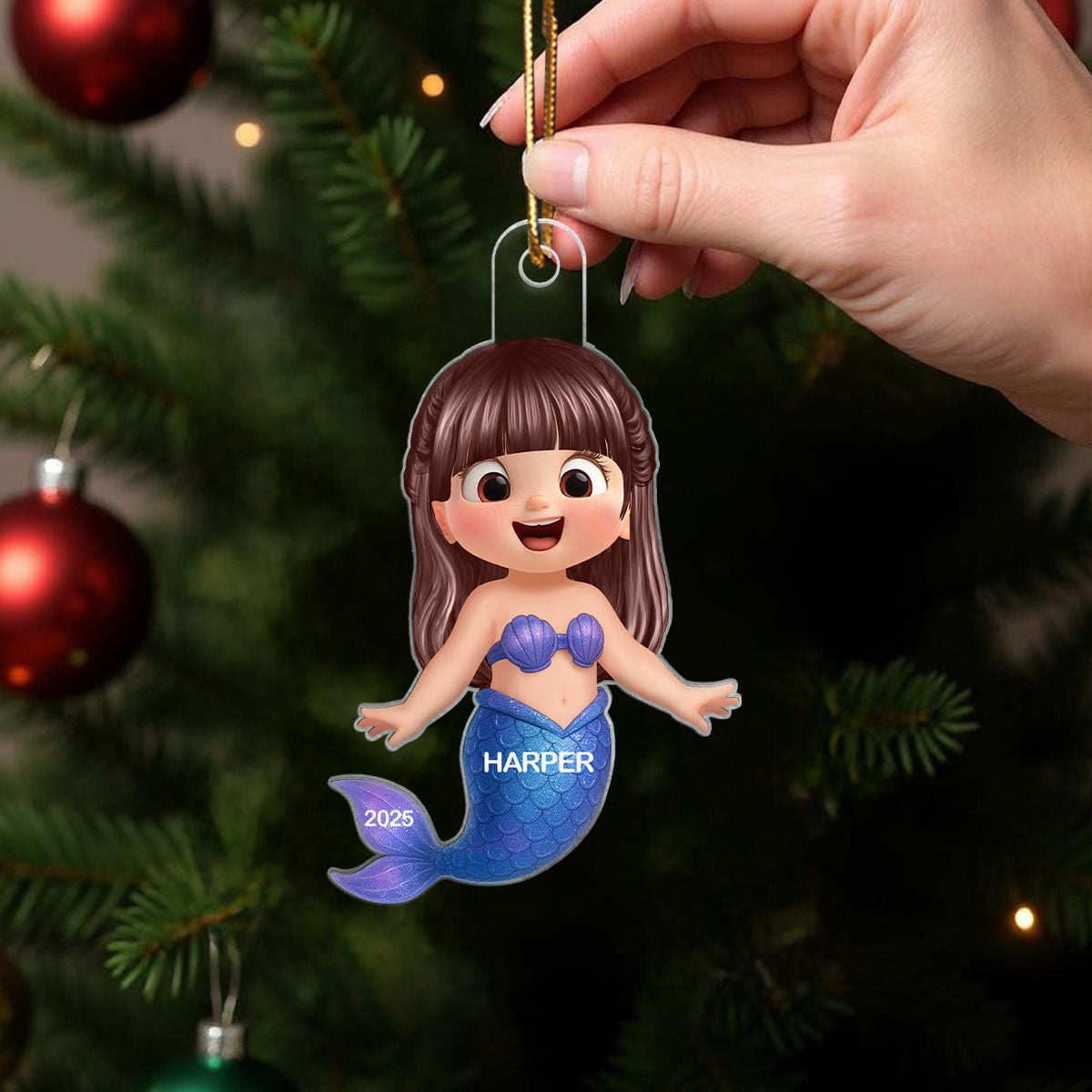 3D Effect Little Girl Mermaid Christmas Personalized Acrylic Ornament