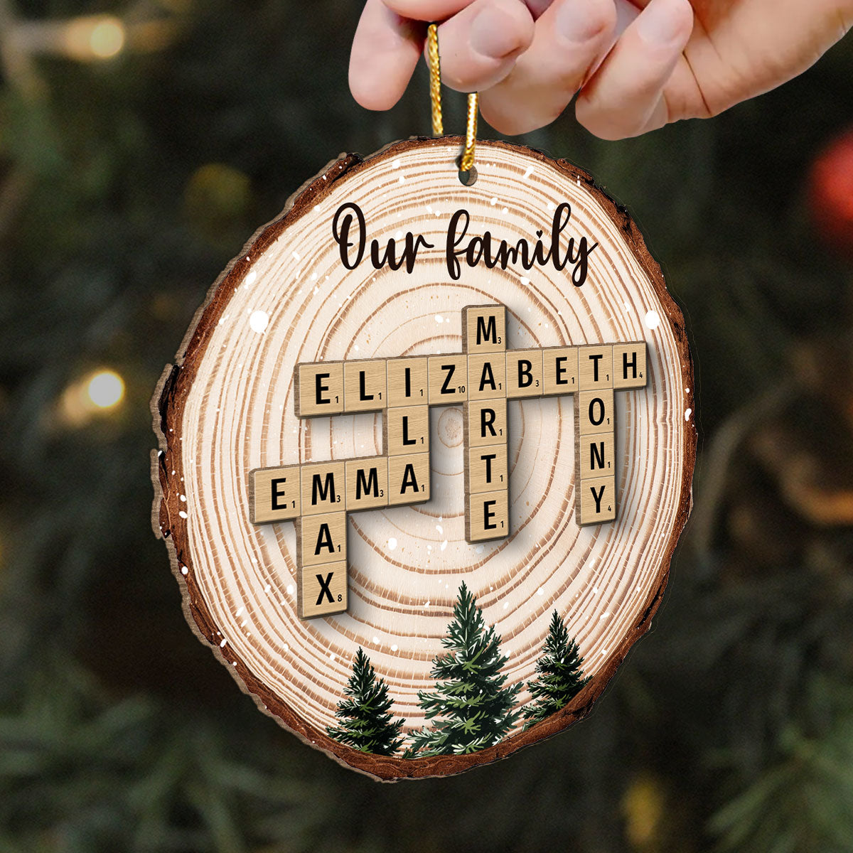 Christmas Tree Wood Pattern Family Names Puzzle Crossword Personalized 2-Layer Wooden Ornament, Christmas Gift For Family