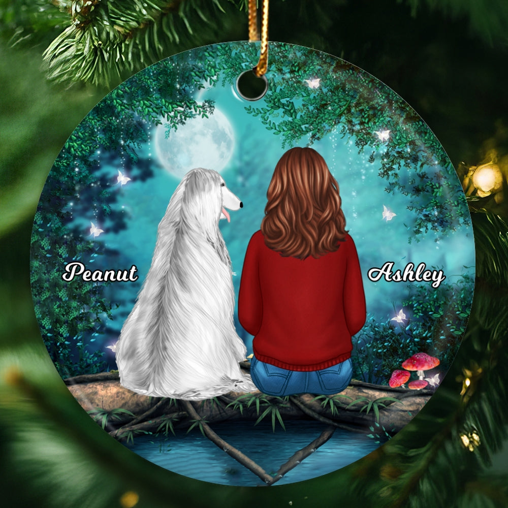 Girl And Dogs Tree Log Personalized Circle Ornament