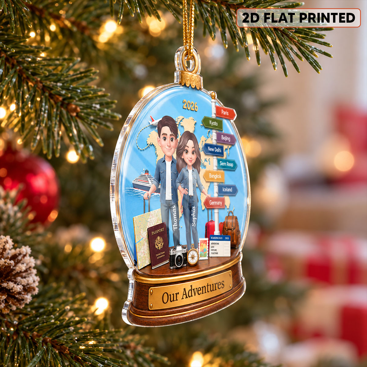 Couple Traveling Destination Travel Adventure 2D Flat - Personalized Acrylic Ornament - Christmas Keepsake, Couple Travelling Gifts