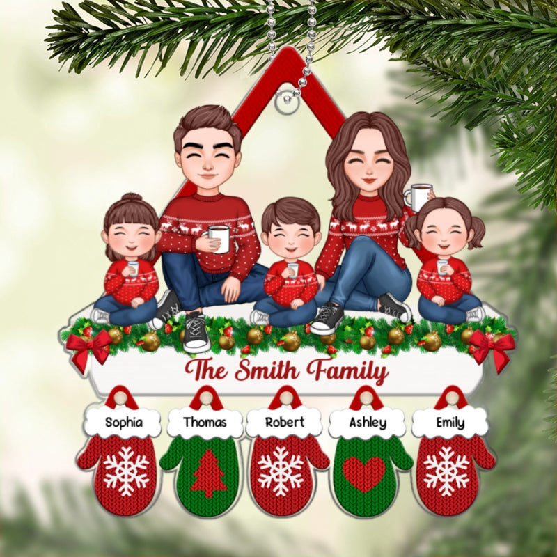 Cute Family Dad Mom Kids Dogs Cats Sitting On Fireplace Mantel Gloves Christmas Gift Personalized Acrylic Ornament