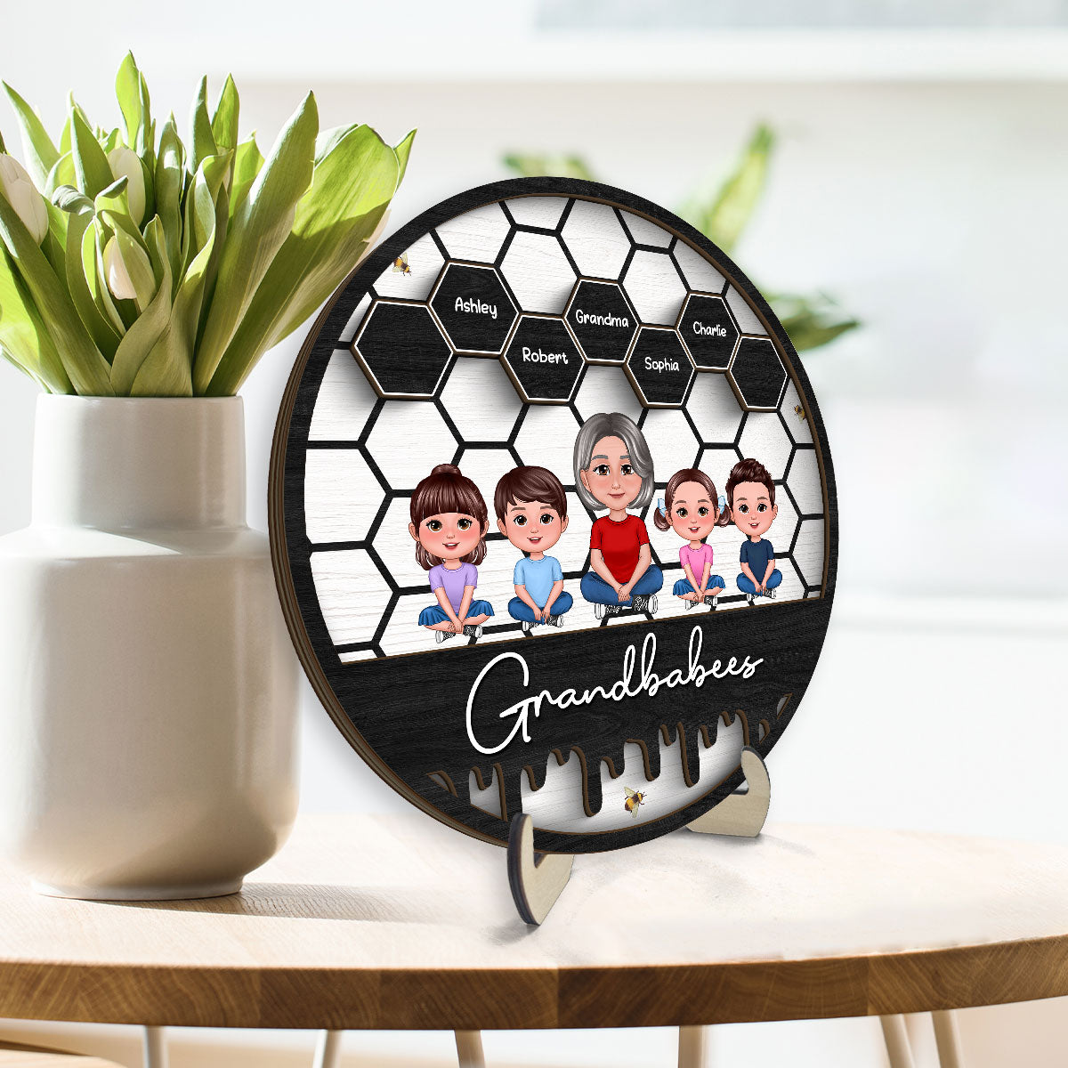 Grandbabees Crossed Legs Grandma Grandkids Sitting Personalized 2-layer Wooden Plaque, Gift For Grandma