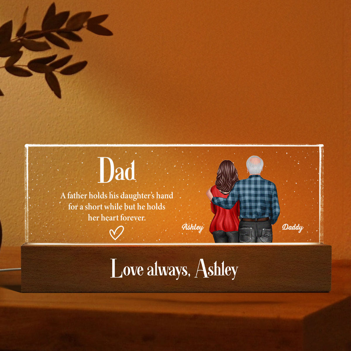 Father Daughter, Son Standing Back View Personalized Acrylic LED Night Light, Unique Father's Day Gift for Dad