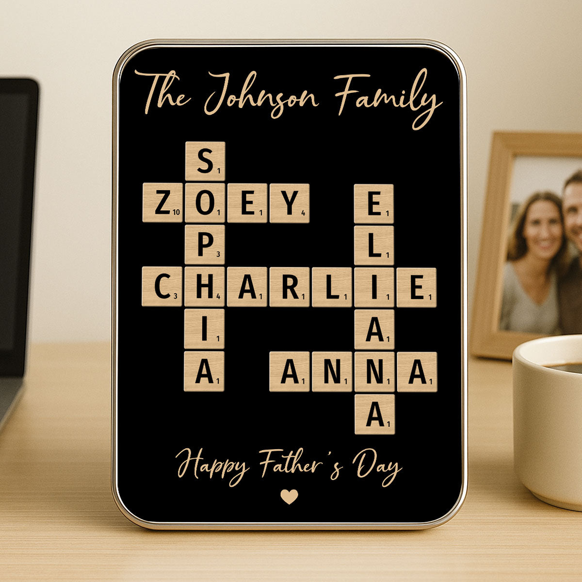 Family Names Crossword Puzzle Art Personalized Mirrored Picture Frame, Gift For Dad, Mom