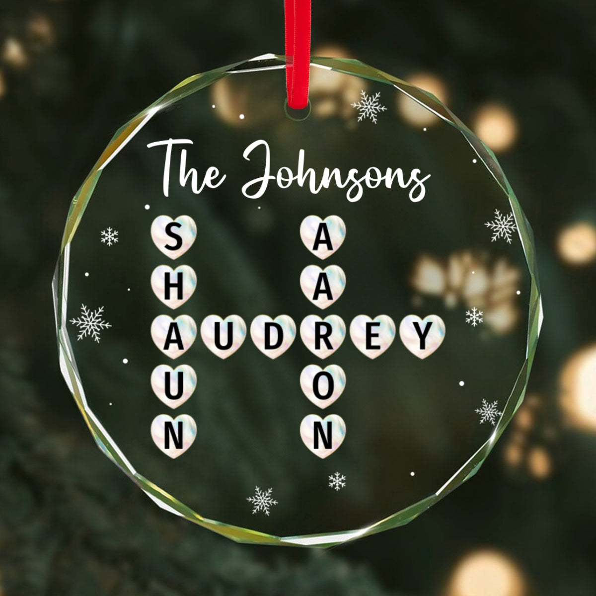 Unique Family Decor Beautiful Heart Crossword Puzzle Art Personalized Glass Ornament, Christmas Keepsake