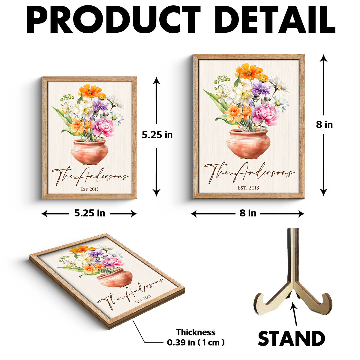 Family Beautiful Birth Flower Bouquet Home Decor Personalized 2-Layer Wooden Plaque