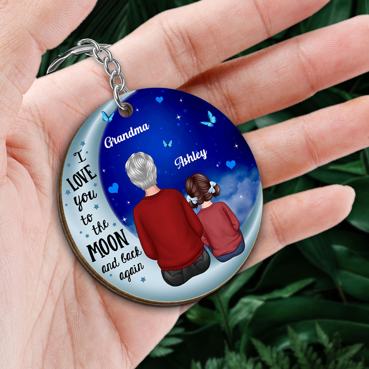 Grandma Grandkid On Blue Moon Gift For Grandma Granddaughter Grandson Personalized Wooden Keychain